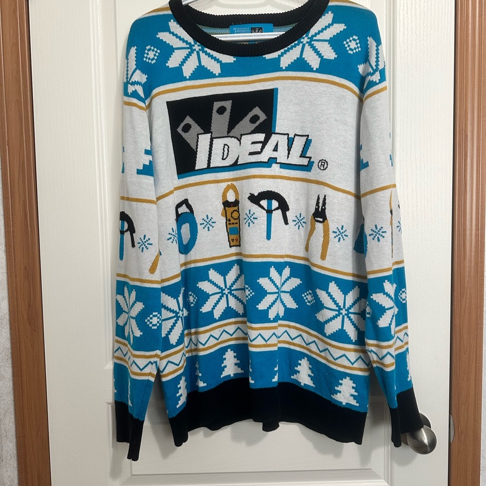 Blue and White Ideal Electrical Crewneck Sweater with Tools Pattern